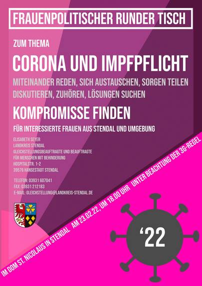 Einladungsflyer für den Frauenpolitischen Runden Tisch, am 23.02.2022, ab 18.00 Uhr, im Dom St. Nikolaus in Stendal, zum Thema Corona und Impfpflicht