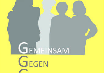 gelber Hintergrund; im Vordergrund sind schatten von Personen; darunter der Schriftzug: gemeinsam gegen Gewalt © gemeinsam gegen Gewalt
