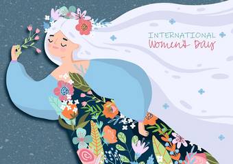 eine Postkarte mit gezeichneter Frau mit wehendem Haar und Blütenkleid © Pixabay