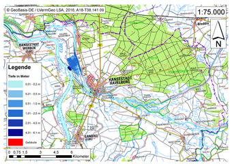 Deichbruch-Szenario R5 Deich bei Havelberg - Ausbreitung nach 1 Stunde