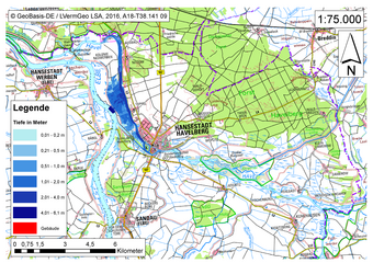 Deichbruch-Szenario R5 Deich bei Havelberg - Ausbreitung nach 3 Stunden