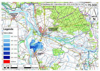 Deichbruch-Szenario R4 Deich nördlich von Sandau - Ausbreitung nach 3 Stunden