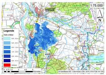 Deichbruch-Szenario R3 Deich südlich von Sandau - Ausbreitung nach 12 Stunden